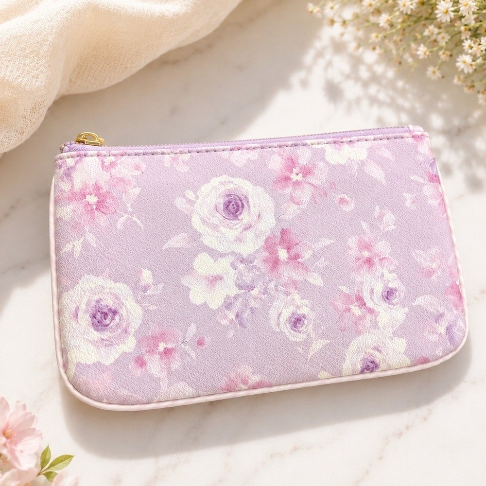 Hi Peach Layne‎ Purple Floral Large Zipper Pouch Vegan Leather Makeup Bag Bag